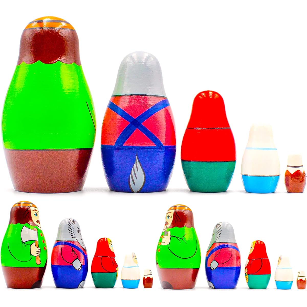 AEVVV Fairy Tale Nesting Dolls Set 5 Pieces - Matryoshka and Little Red Riding Hood Figurines - Handmade Russian Wooden Matryoshka Stacking Dolls