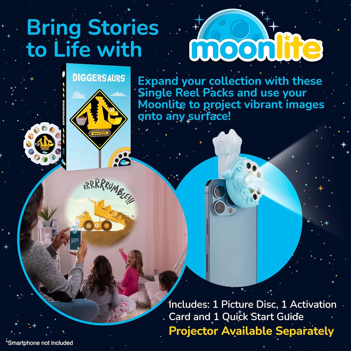 Moonlite Storytime Diggersaurs Storybook Reel - A Magical Way to Read Together - Digital Stories for Projector - Fun Sound Effects - Early Learning Gift for Toddlers 12 Months and Up