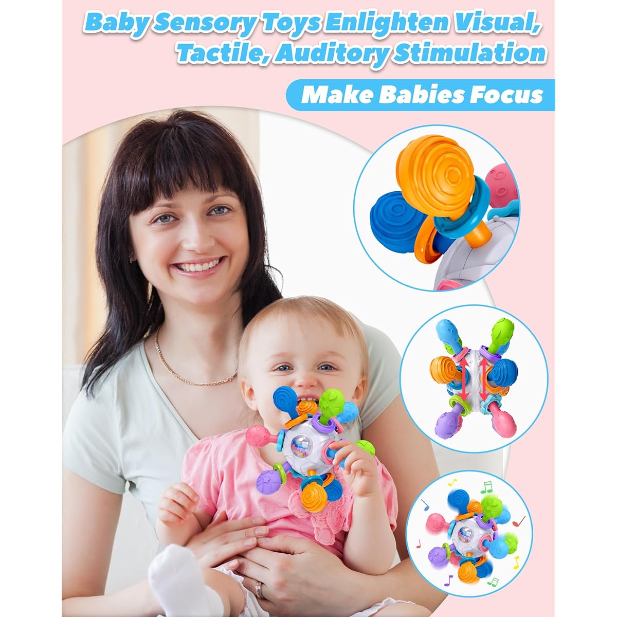 0-6 Months Baby Teething Sensory Toys, Teething Montessori Toys Easter Basket Stuffers, Baby 0 3 6 9 12 18 Months, Newborn Infant Rattle Chew Toys Baby Shower Gifts for Boys/Girls