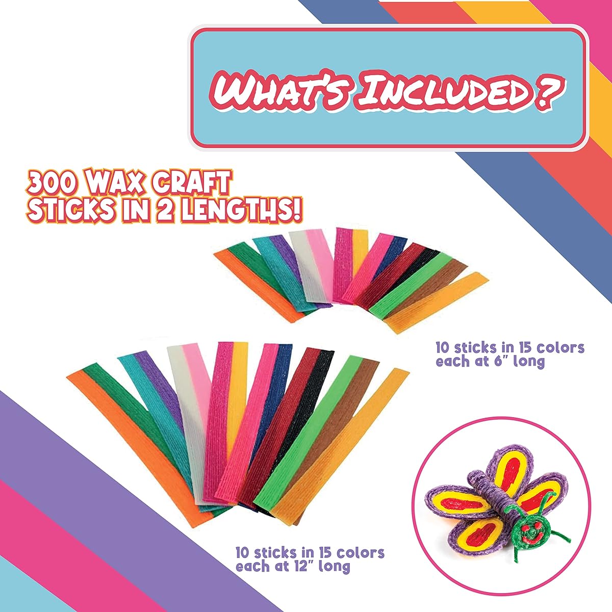 Purple LADYBUG Bendable Wax Craft Sticks for Kids, 15 Colors, 2 Lengths 6 & 12 Inch, 150 of Each, Fun Kids Airplane Activity for Kids Ages 4-8, Car Trip Craft for Kids Ages 8-12