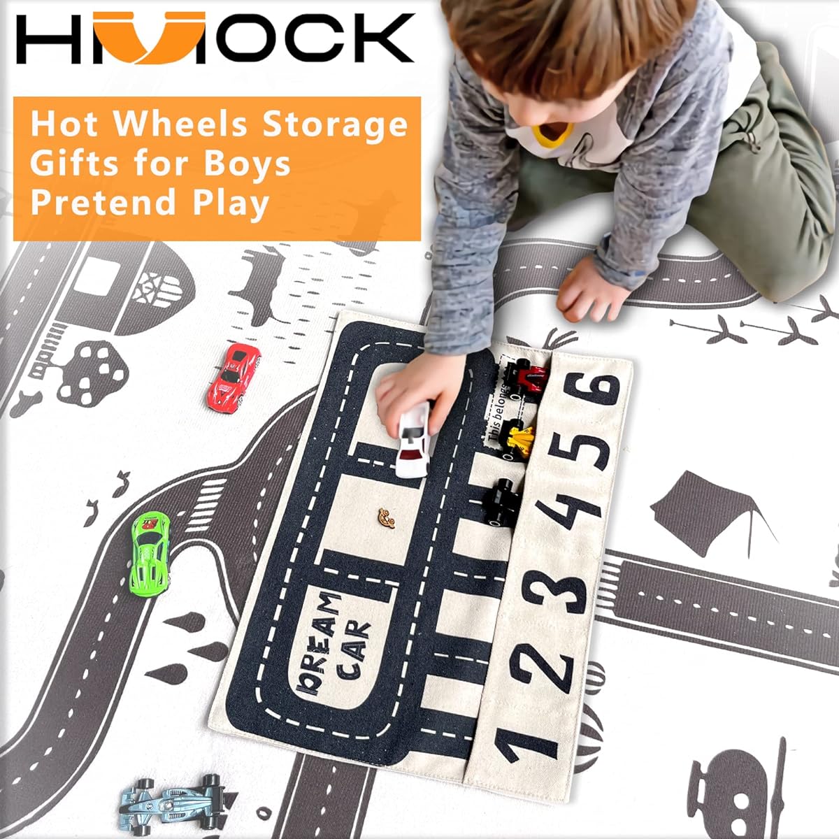 HMOCK Toy Car Organizer, Toddler Travel Toys, Kids Travel Essentials, Pretend Play, Birthday Gift for Boys, Portable Car Play Mat, Car Rug Play Mat, Toddler Travel Essentials