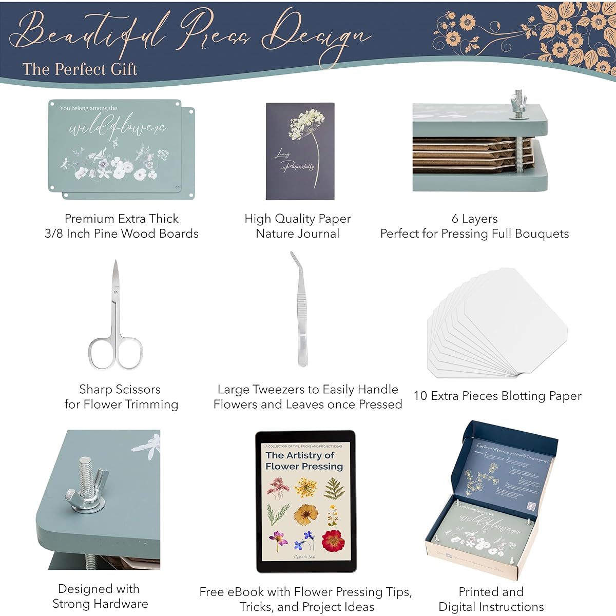 Hygge & Sage Extra Large Flower Press Art Kit | 8" x 11" Wooden Flower Press Kit for Adults with Nature Journal, Extra Blotting Paper, Tools and E-Book
