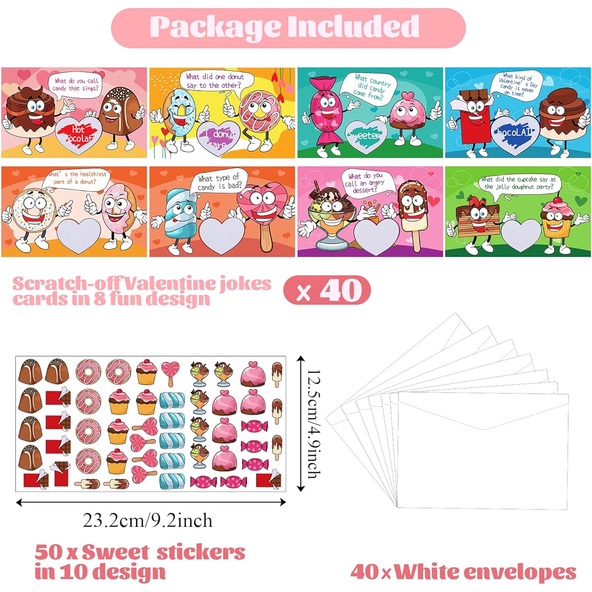 40 Pack Scratch Off Valentine Joke Cards for Kids with Envelope Stickers Sweet Food Valentine's Day Exchange Cards Jokes for School Classroom Candy Donut Ice Cream Exchange Gift Game Party Favors