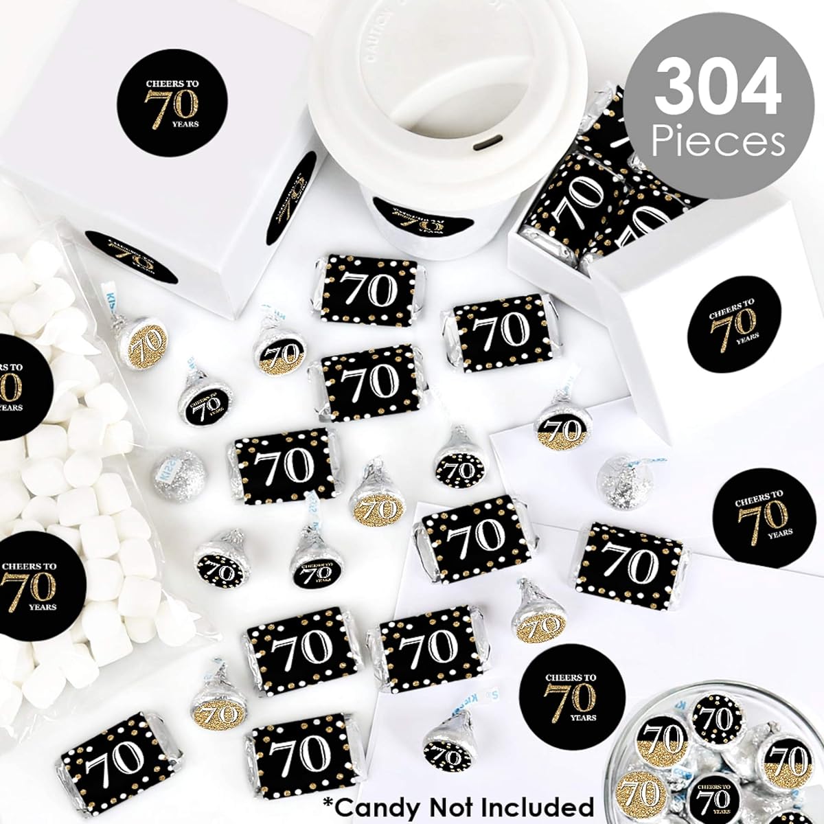 Adult 70th Birthday Gold Mini Candy Bar Wrappers Round Candy Stickers Circle Stickers Birthday Party Candy Anniversary Sticker Kit 304 Pieces