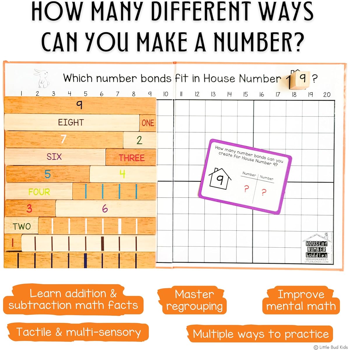 LITTLE BUD KIDS House of Number Buddies Math Games Number Bonds Math Toy with Number Sticks and Addition & Subtraction Flash Cards Montessori Materials for Kids Ages 4-8, 224.E