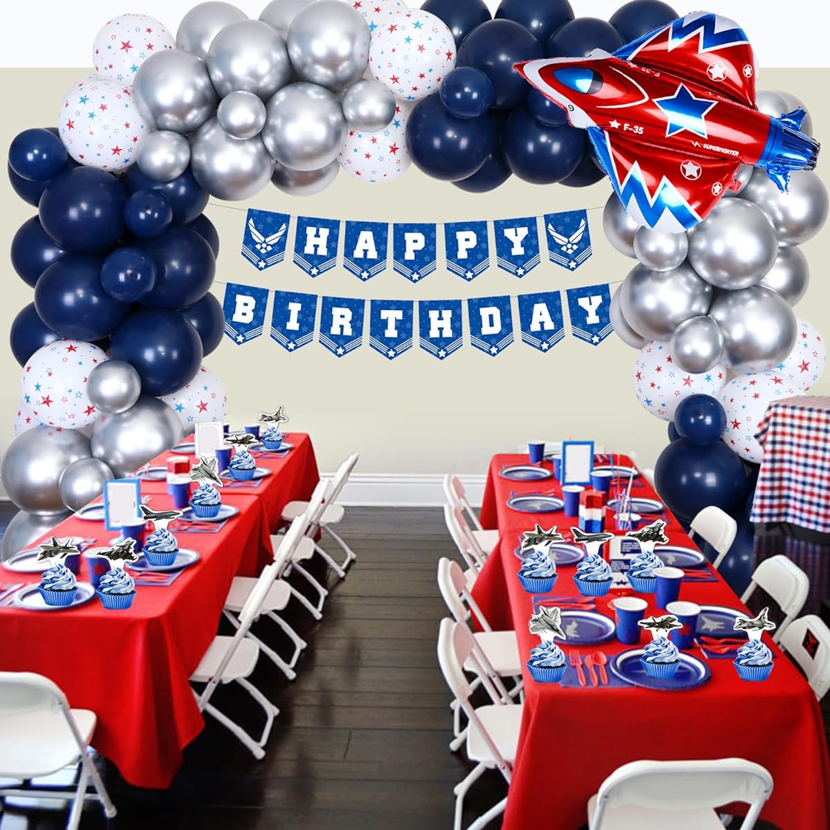 Air Force Decorations Fighter Jet Birthday Party Decorations Balloon Garland Airplane Happy Birthday Banner Cupcake Toppers for Military Jet Theme Aircraft Party