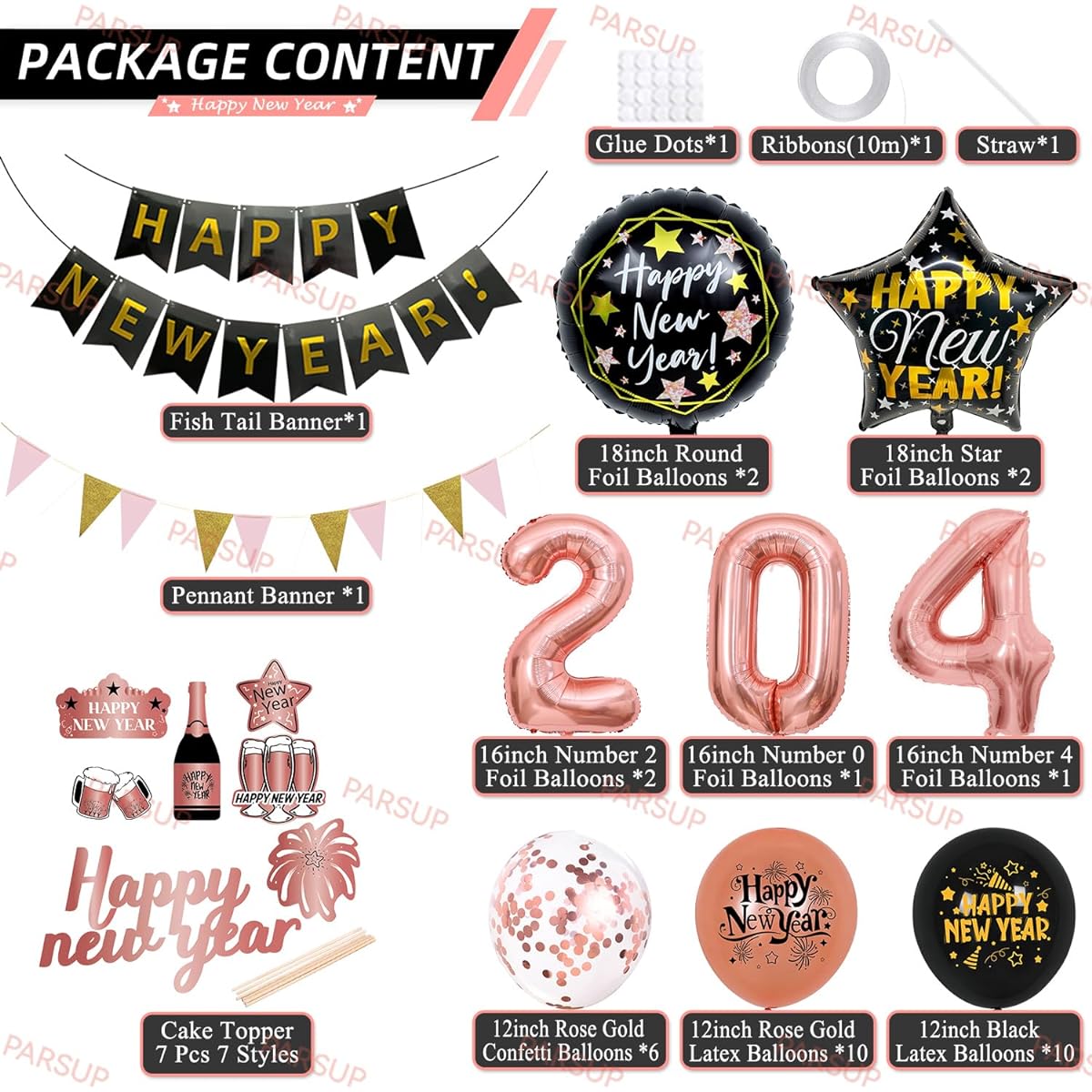 2023 New Year's Eve Party Decorations Rose Gold Happy New Year Decorations Happy New Year Banner 32" 2023 Balloons Star Heart Foil Balloons Latex Confetti Balloons NYE Party Supplies