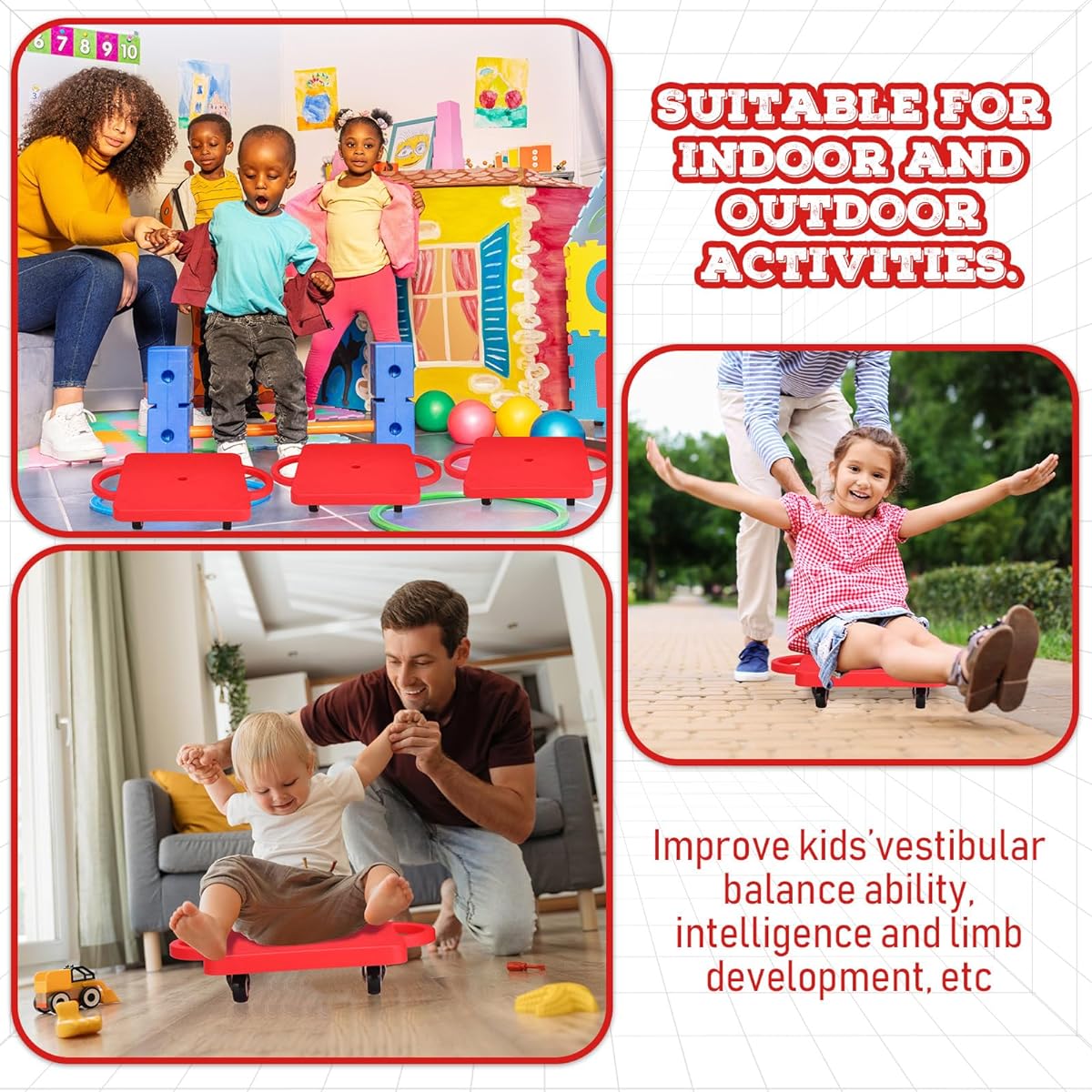4 Pieces Sport Scooter Board Bulk Sitting Scooter Board with Handle Plastic Casters Sport Flat Scooter for Kids Gym Indoor Outdoor Activity Playground Equipment