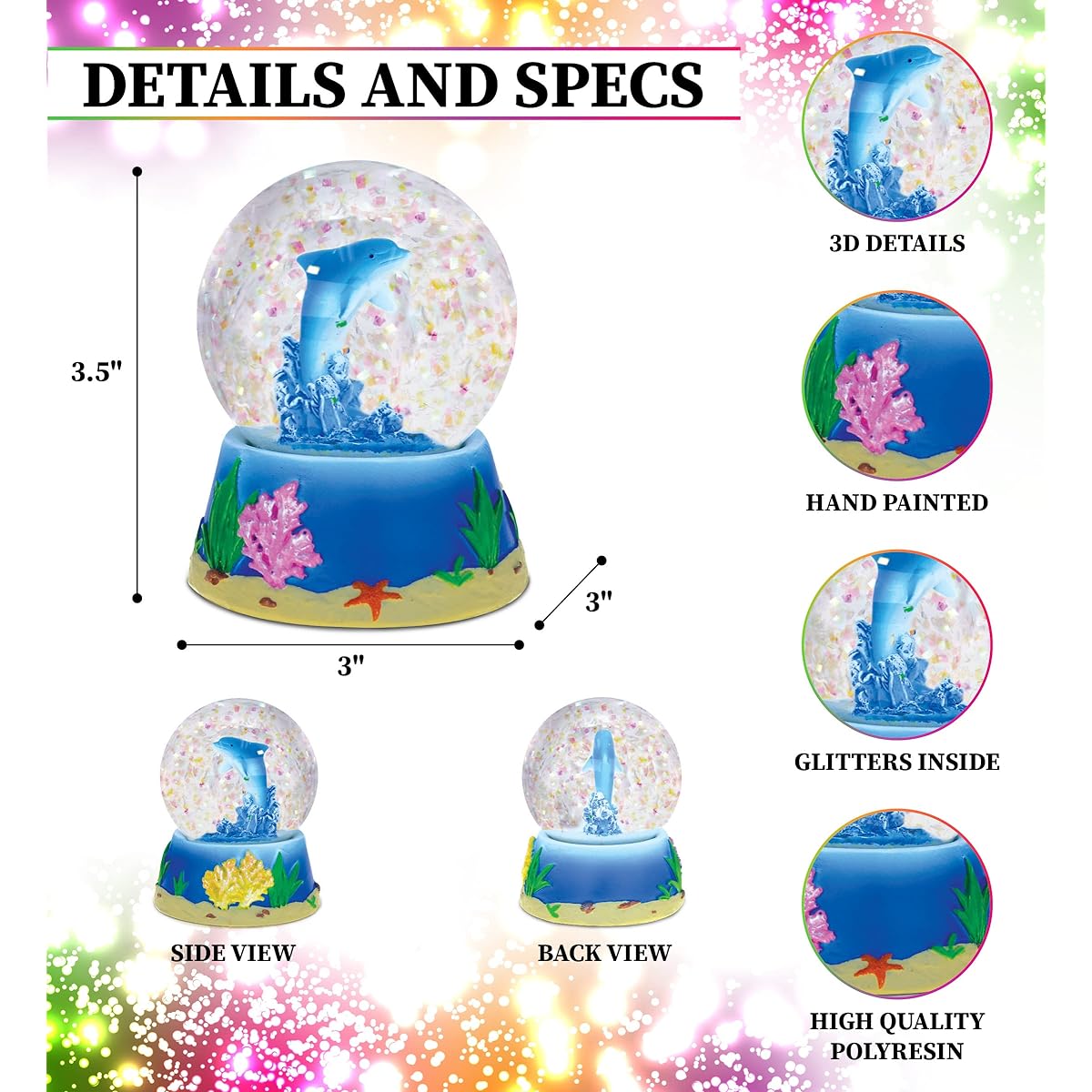Puzzled Dolphin (65mm) Resin Stone Finish Snow Globe - Ocean Life Theme - Unique Elegant Gift, Souvenir - Item #9473