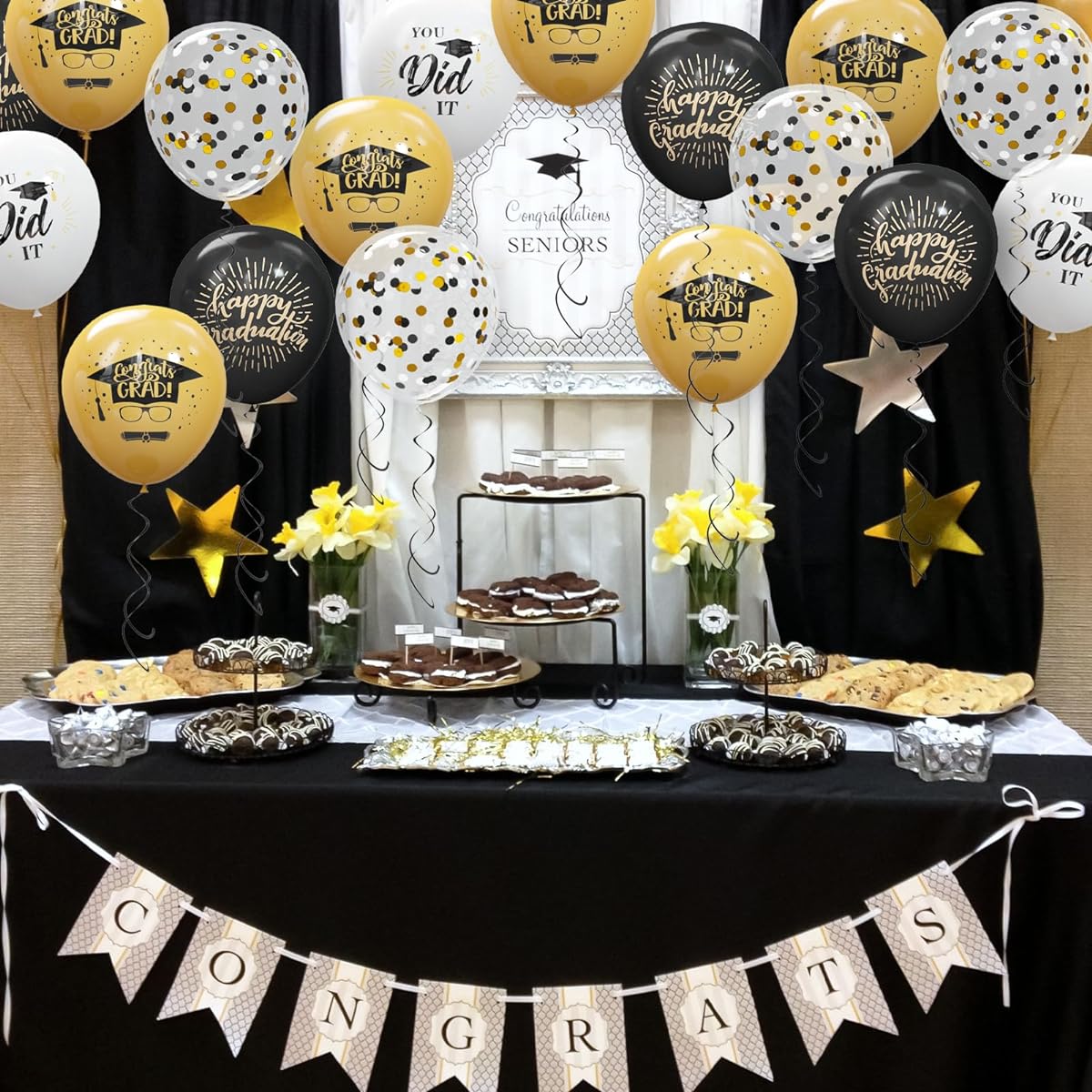 Graduation Party Decoration Balloons Set 75 Pack - 12 Inch Black Gold Graduation Balloons with Balloon Ribbon Graduation Party Decorations Supplies