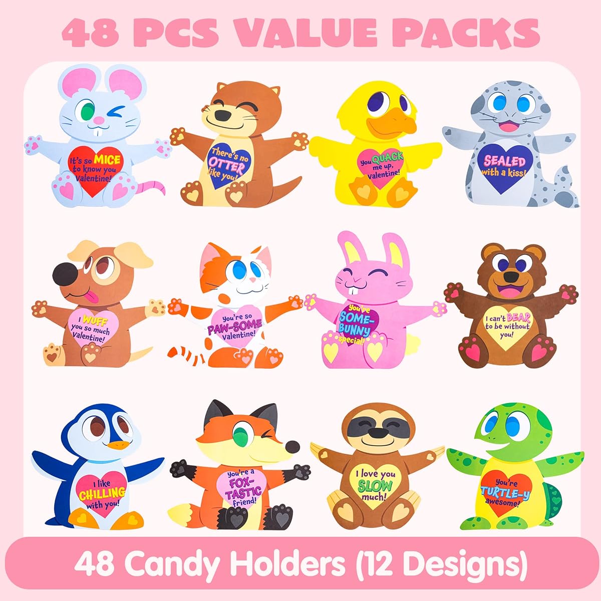 48 Valentine's Day Animal Candy Holder Cards