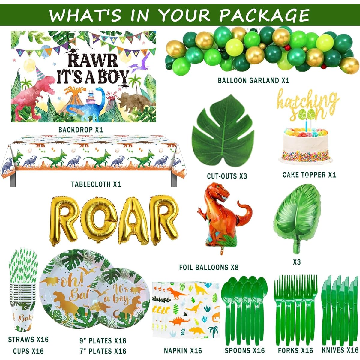 Hombae Dinosaur Baby Shower Decorations for Boys 100 Pieces Dinosaur It's a Boy Baby Shower Party Supplies Background Balloon Garland Artificial Leaves Tablecloth Plates Cups Straws Napkins Knives Forks Spoons