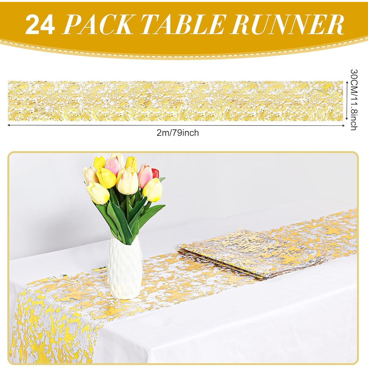 Newwiee 24 Pieces Table Runners Metallic Thin Table Runners 11 x 79 Inch Mesh Glitter Fabric Sequin Tablecloth Rectangle Dining Table Centerpiece Decoration for Wedding Birthday (Gold)