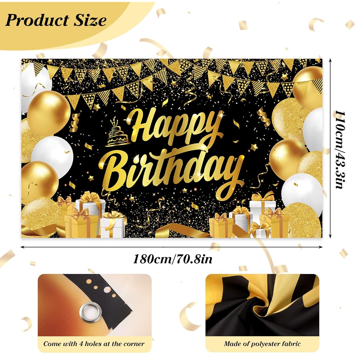 RUBFAC Happy Birthday Banner Backdrop Decoration Glitter Black Gold Banner Party Supplies Photo Background for Women Men Kids