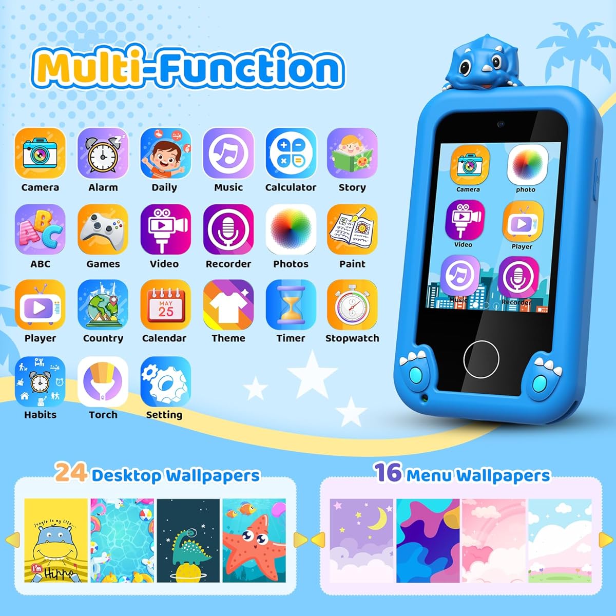 Deligkidz Kids Smartphone Toys for Boys Dinosaur Birthday Gifts for Boys Girls 3-10 Years Old Kids Toys Mobile Phone Toddler Learning Toys for 3 4 5 6 7 8 9 Year Old Boys Touch Screen MP3 Music Player