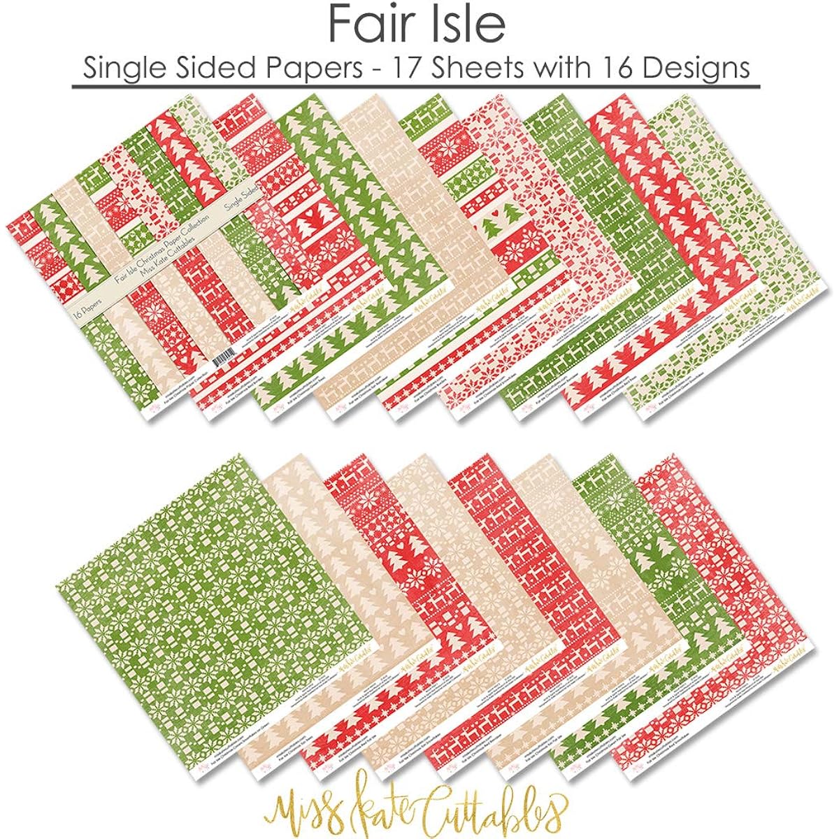 Miss Kate Cuttables Pattern Paper Pack - Fair Isle Christmas Scrapbook Premium Specialty Paper Single Sided 12" x 12" Collection - 16 Sheets
