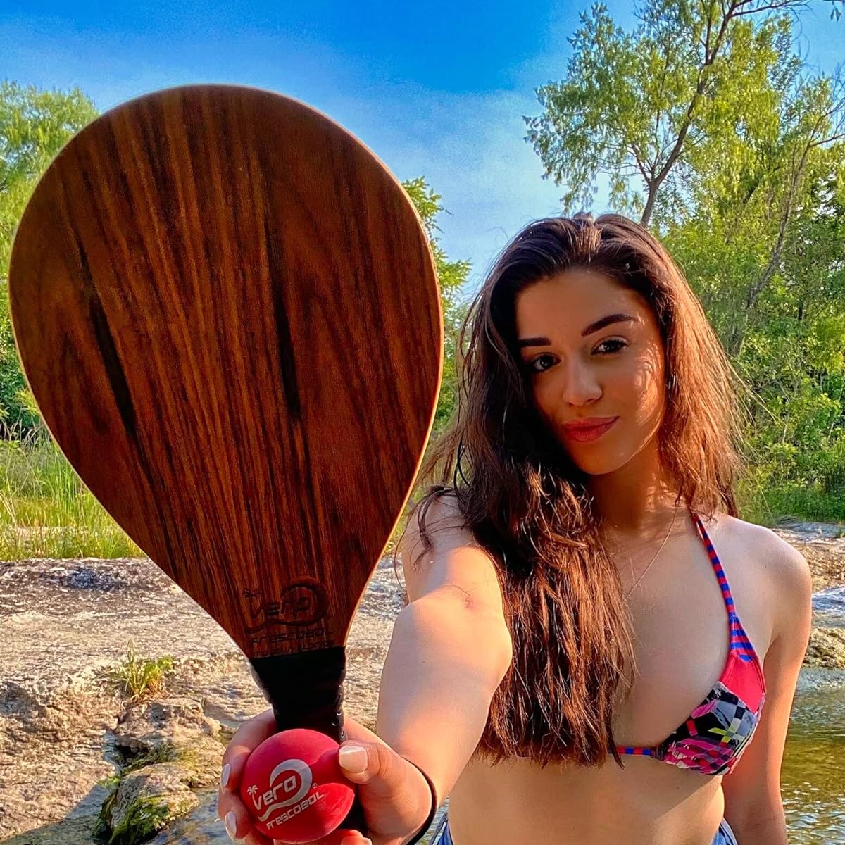 One Olive Wood Frescobol Racquet Paddle Ball Paddleball Fresco Ball Beach Sports Smash Ball Smashball.