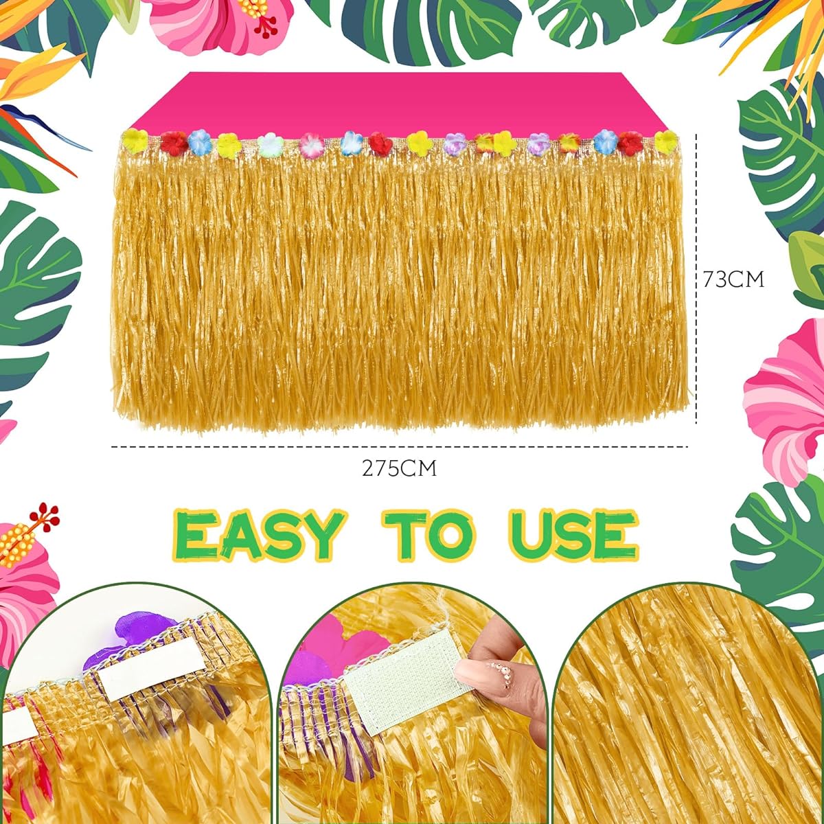 Tatuo 4 Piece Table Skirts 9ft Luau Glass Hawaiian Hibiscus Flower Table Skirt with 4 Plastic Tablecloths for Tropical Hawaiian Party Luau Birthday Party Decorations (Straw Yellow, Hot Pink)