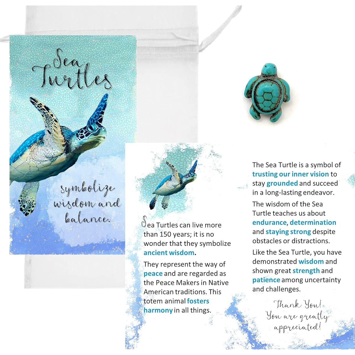 Smiling Wisdom - Bulk 20 - Appreciation Gift Set - Sea Turtle Gifts - Greeting Cards with Wisdom and Perseverance Messages - Employees, Students, Caregivers, Hospice, Volunteers - Turquoise Turtles