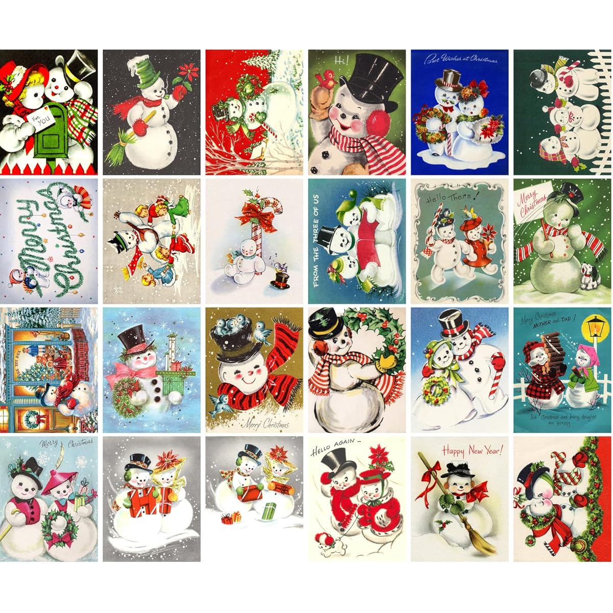 Large Stickers (24 Sheets 2.5"x3.5" Each) Snowman Christmas Retro Vintage Greeting Card Collection