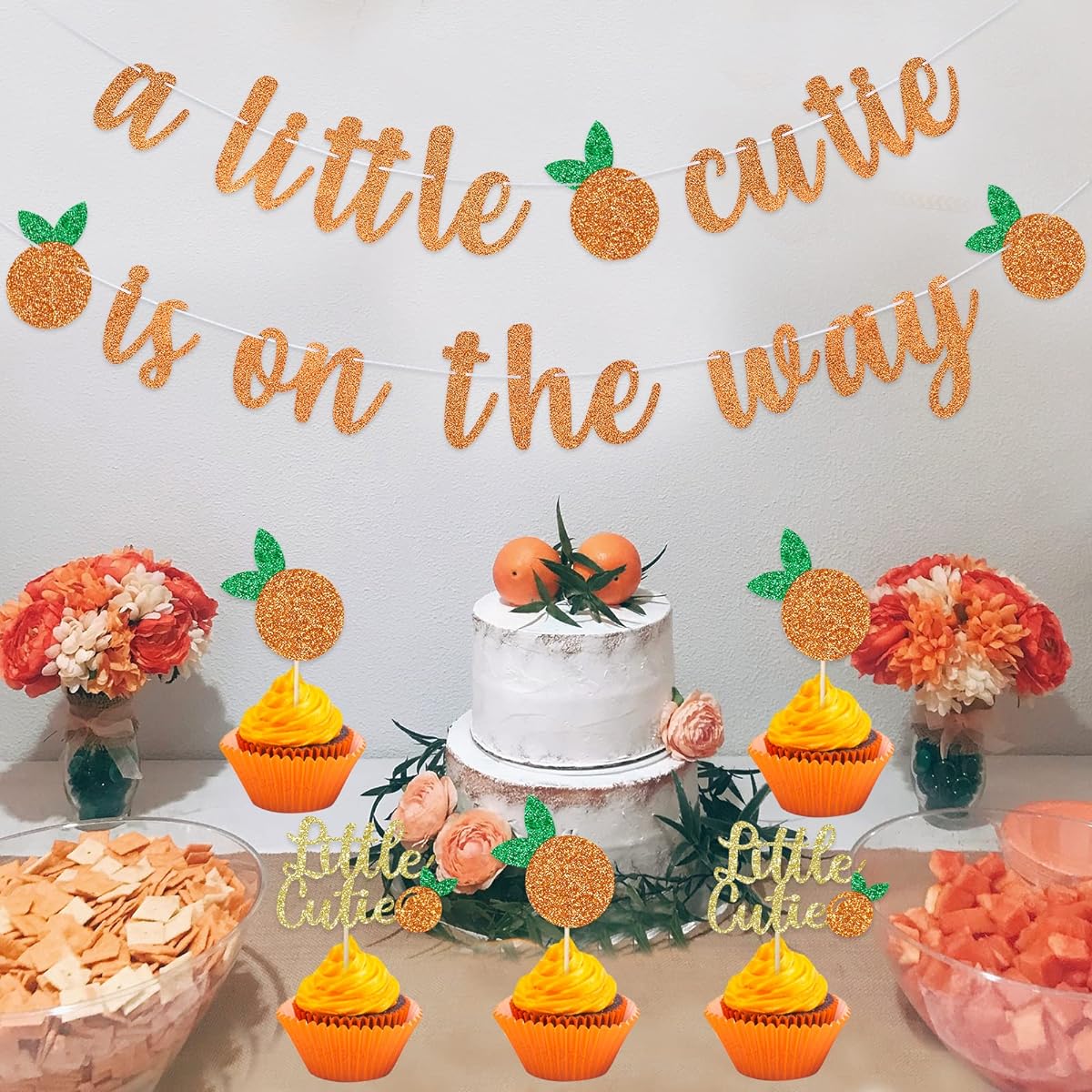 A Little Cutie is On The Way Banner, 24pcs Little Cutie Baby Shower Cupcake Toppers - Little Cutie Baby Shower Birthday Decorations Cupcake Picks Clementine Theme Party Decorations Supplies