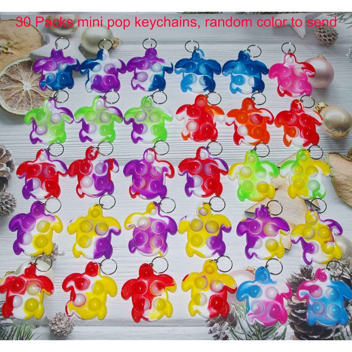Goodangie00 30 Pack Rainbow Bulk Turtles Mini Pop Fidget Keychain Bubble Toys for Boys Girls Kids Party Favors Gifts Stress Relief Students Classroom Prizes