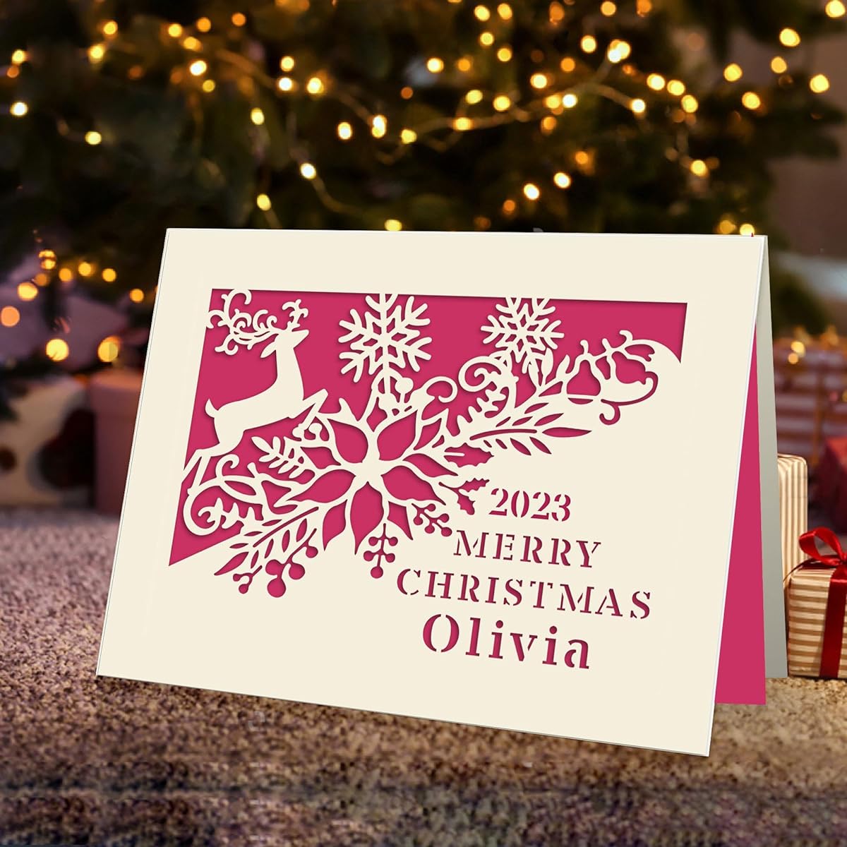Personalized Christmas Cards 2022 Custom Laser Paper Christmas Card Santa Gift for Boy/Girl/Grandson/Son/Baby/Him/His/Her Friend Engraved Christmas Design with Envelope (Red)