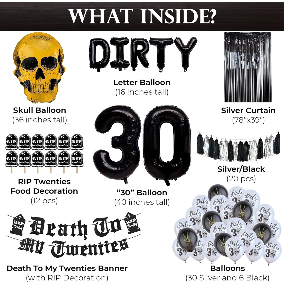Swept Death to My 20's Decor, Dirty 30th Birthday Decorations, Black Funeral of Youth RIP 20's Birthday Balloons
