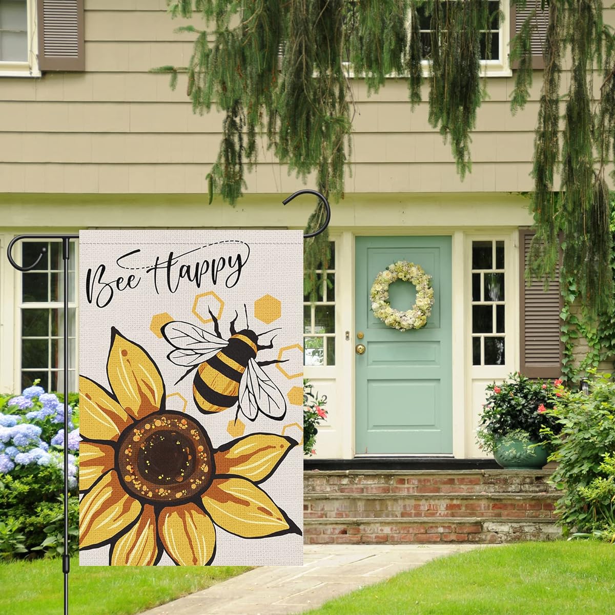 Bee Happy Garden Flag 12x18 Double Sided Vertical Burlap Small Welcome Spring Summer Positive Garden Yard House Flag Sunflower Decoration Outdoor Home Decor (Flag Only)