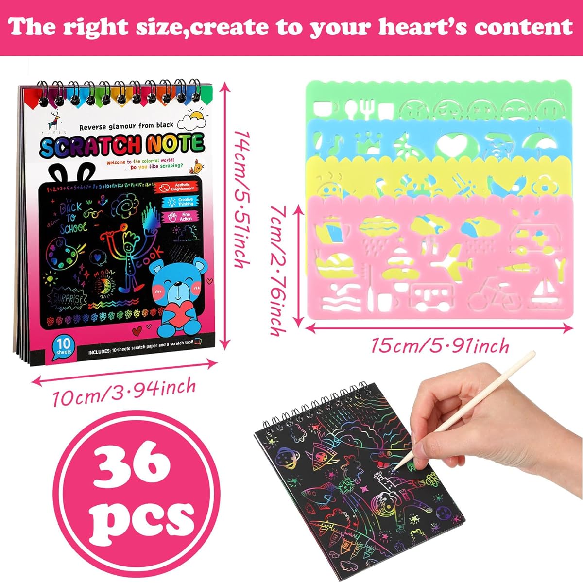 Shappy Scratch Paper Notes Notepad for Kids Rainbow Party Favors Coloring Book Art Party Supplies Kit with Stylus and Drawing Stencils for Ages 3 and Up Girls Boys Birthday (36 Sets)