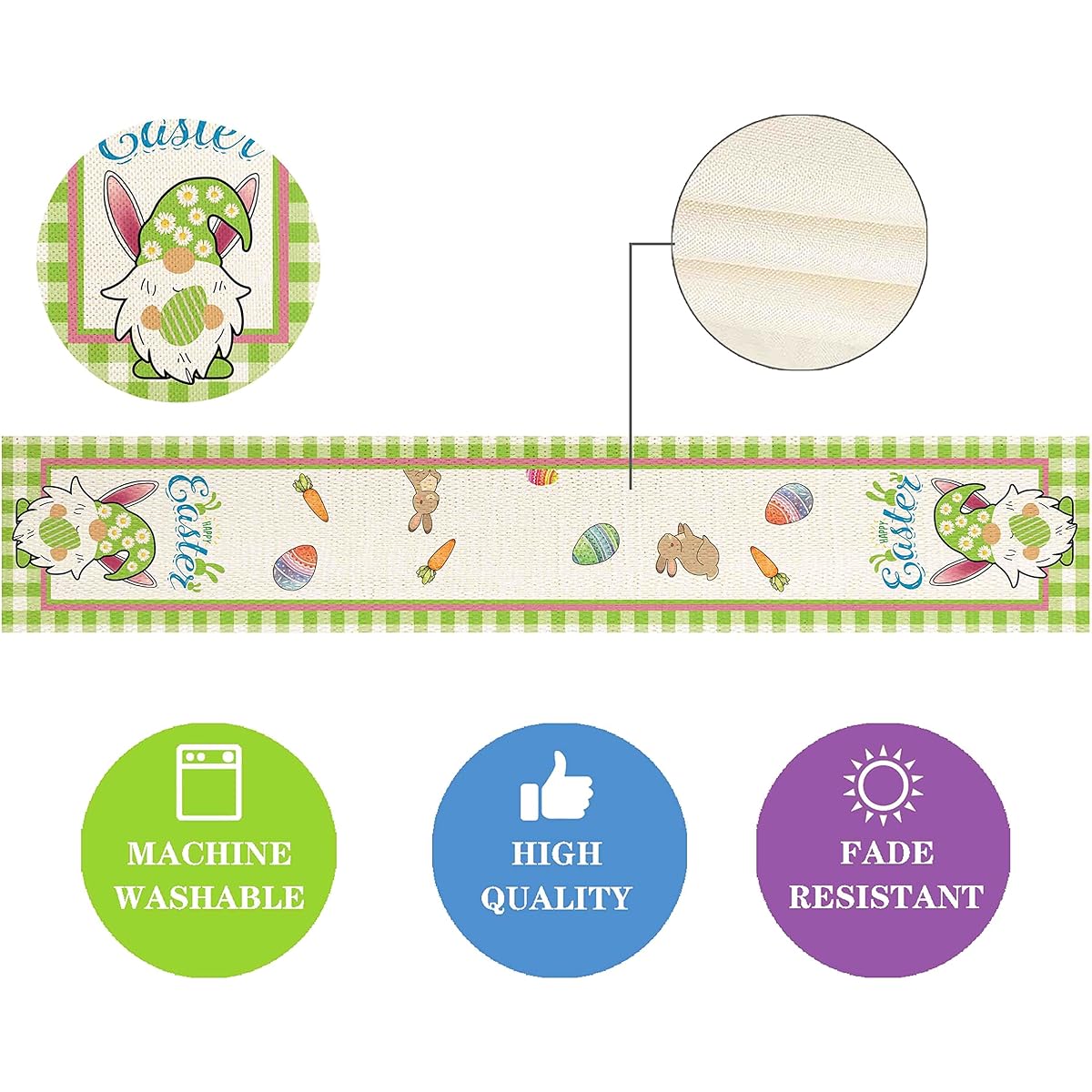 FLCHWY Happy Easter Buffalo Check Gnome Table Runner, Easter Bunny Egg Table Runner,Seasonal Spring Dining Room Holiday Table Decorations Kitchen Farmhouse Home Party Table Decorations 13 x 72 Inch