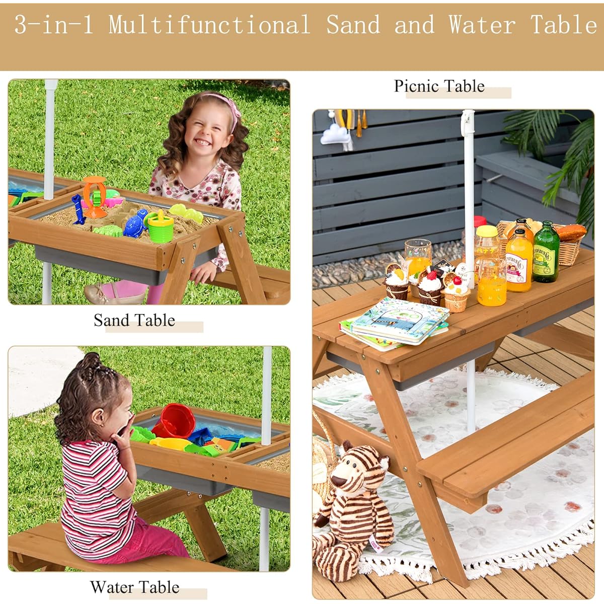ARLIME Sand and Water Table - 3-in-1 Children's Picnic Table with Adjustable Height Umbrella, Removable Table Top & 2 Removable Game Boxes, Water Play Table for Boys and Girls, Outdoor Sensation Table (Natural) OT-HY10008