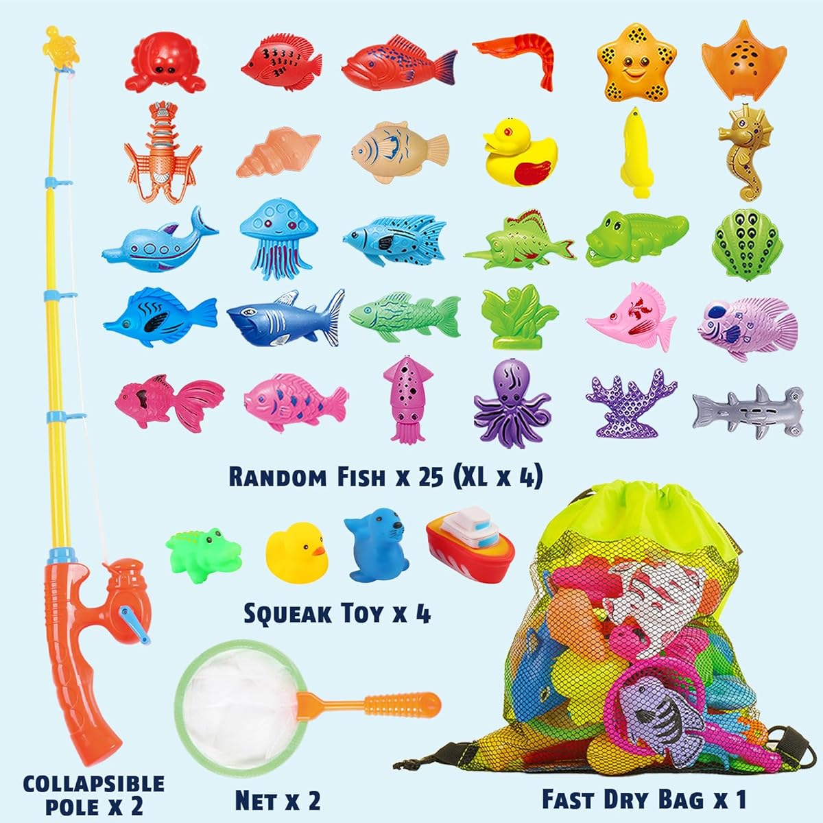 CozyBomB Magnetic Fishing Game for Kids - Bath Pool Toy Set Water Table Learning Education Fish Bathtub Fun 4 Sounds Rubber Animals and Boat, Pole Rod Net Fish for Kids (Green)