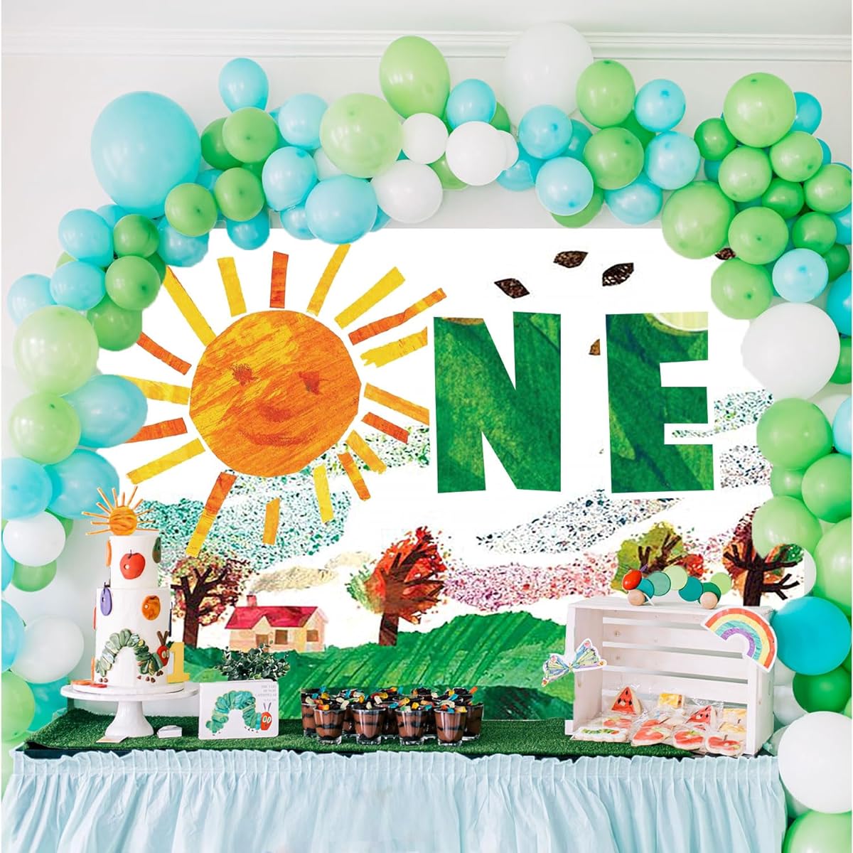 1st Happy Birthday Banner Backdrop Decoration for Caterpillar, 1 Year Old Cartoon Hungry Caterpillar Birthday Party Sign Birthday Photo Backdrop Birthday Party Decorations