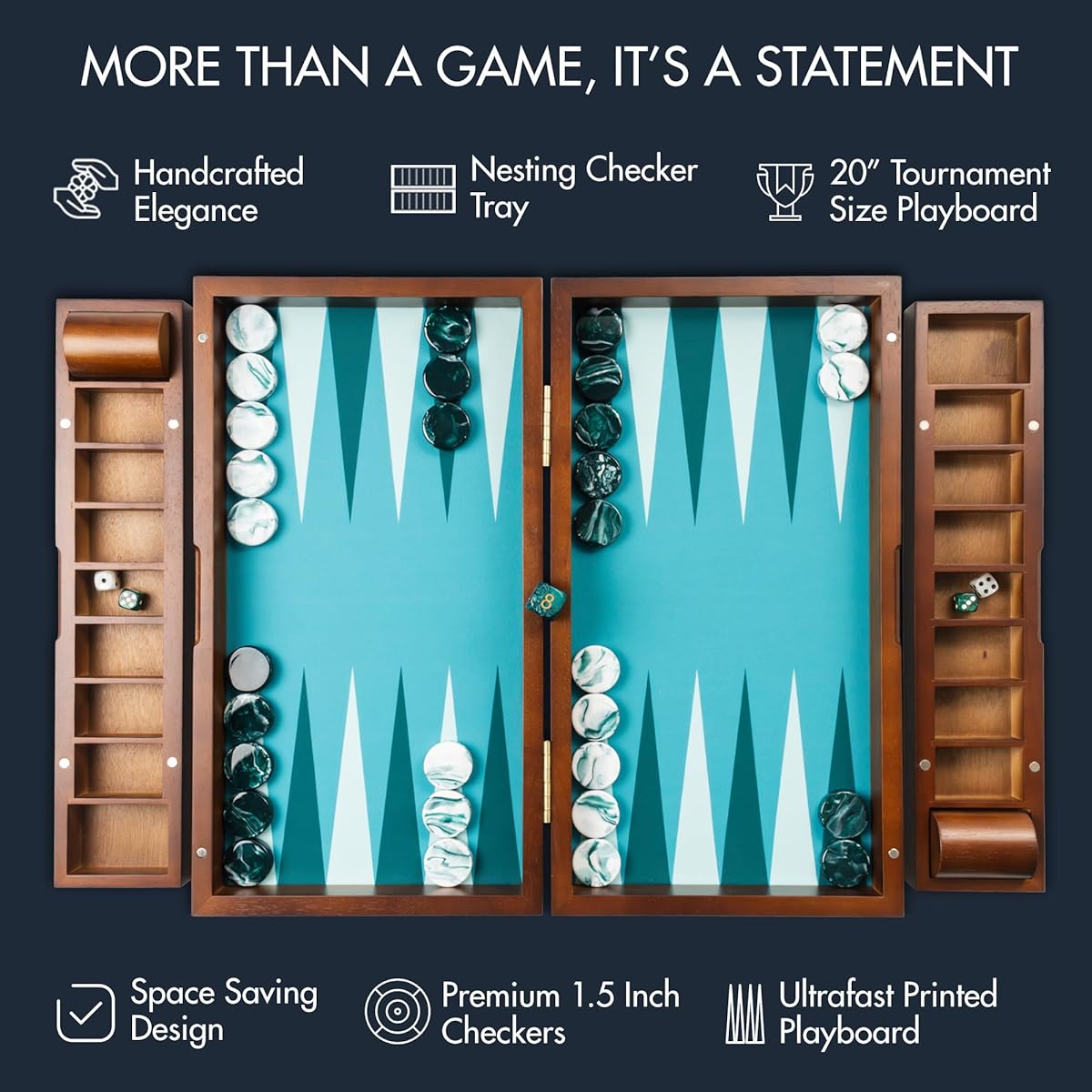 Pointworks 20" Large Backgammon Set for Adults, Green Backgammon Board, Solid Wood, Removable Accessory Tray, Premium 1.5" Checkers & Dice Set, Backgammon Game Set, Backgammon Table