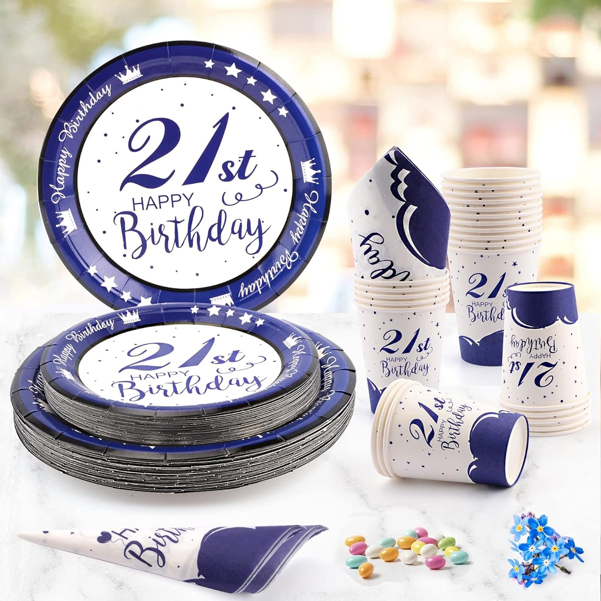 21st Birthday Decorations for Him/Him 96pcs Happy Birthday Plates and Napkins Navy Blue Party Tableware Set Party Supplies Paper Plates Napkins Cups 21st Birthday Plates - 24 Guests