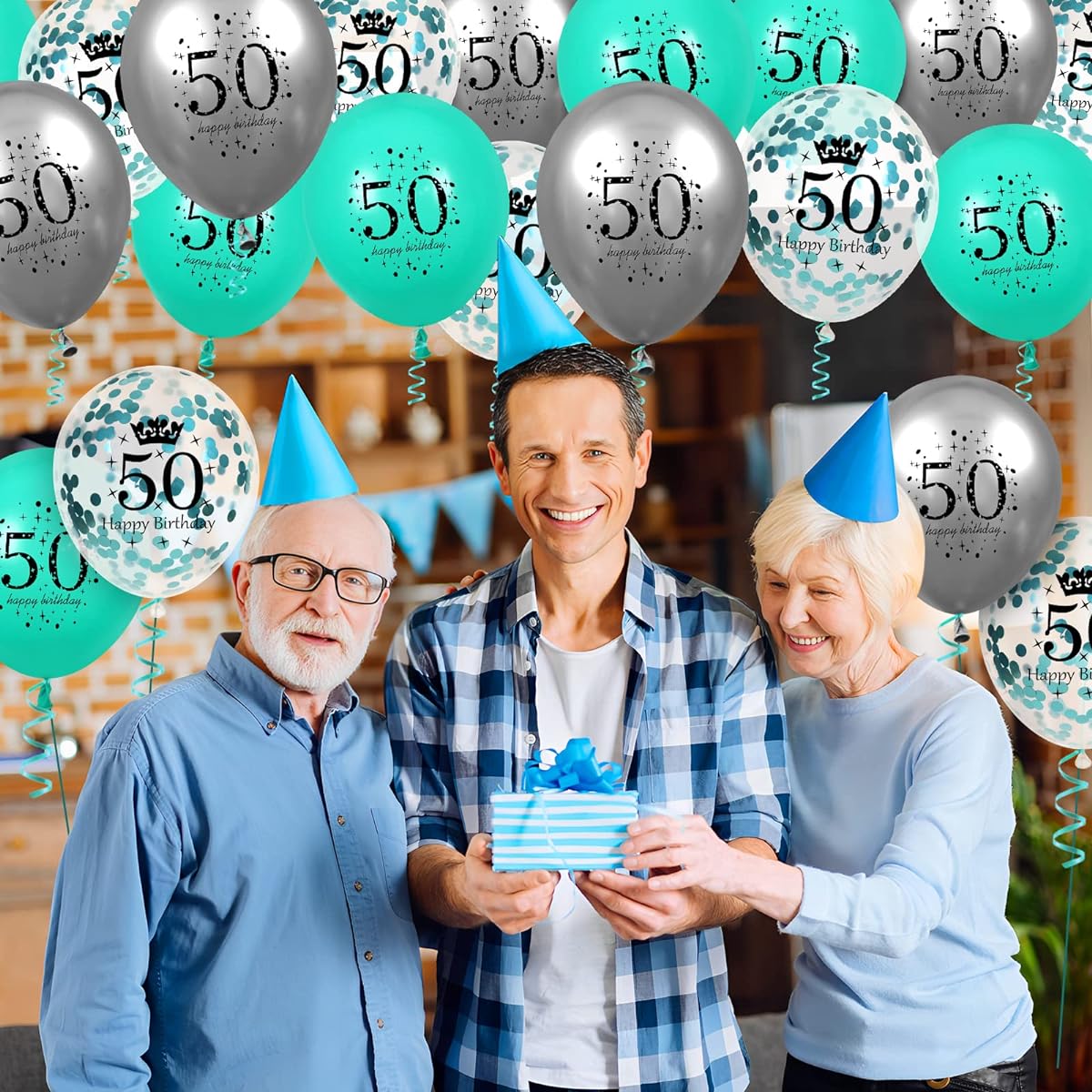 50th Teal Birthday Balloons Decorations - 15pcs Teal Silver 50th Happy Birthday Balloons for Women and Men, 50th Anniversary Cyan Birthday Party Latex Clear Confetti Balloons Decorations for Indoor and Outdoor Supplies