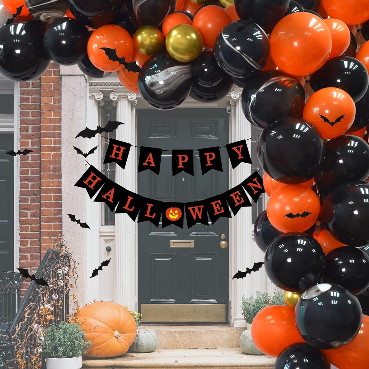 Halloween Decorations Balloon Arch Garland Kit 110pcs Black Orange Gold Happy Halloween Banner with 12 Bat Stickers Halloween Kids Birthday Party Decorations Supplies