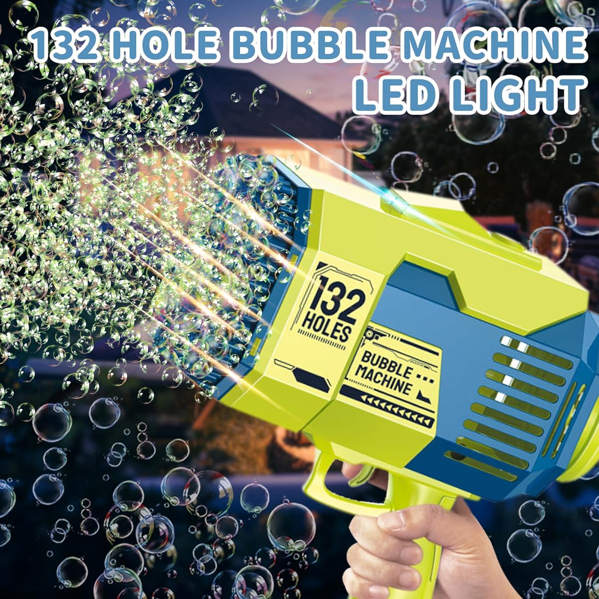 Upgrade 132 Holes Bubble Gun Bubble Machine Gun with Bubble Solution for Kids 3 4 5 6 7 8 9 Years Summer Toy Bubble Maker Giant Foam Maker Gun Toy Wedding Outdoor Party Gift Blue & Green
