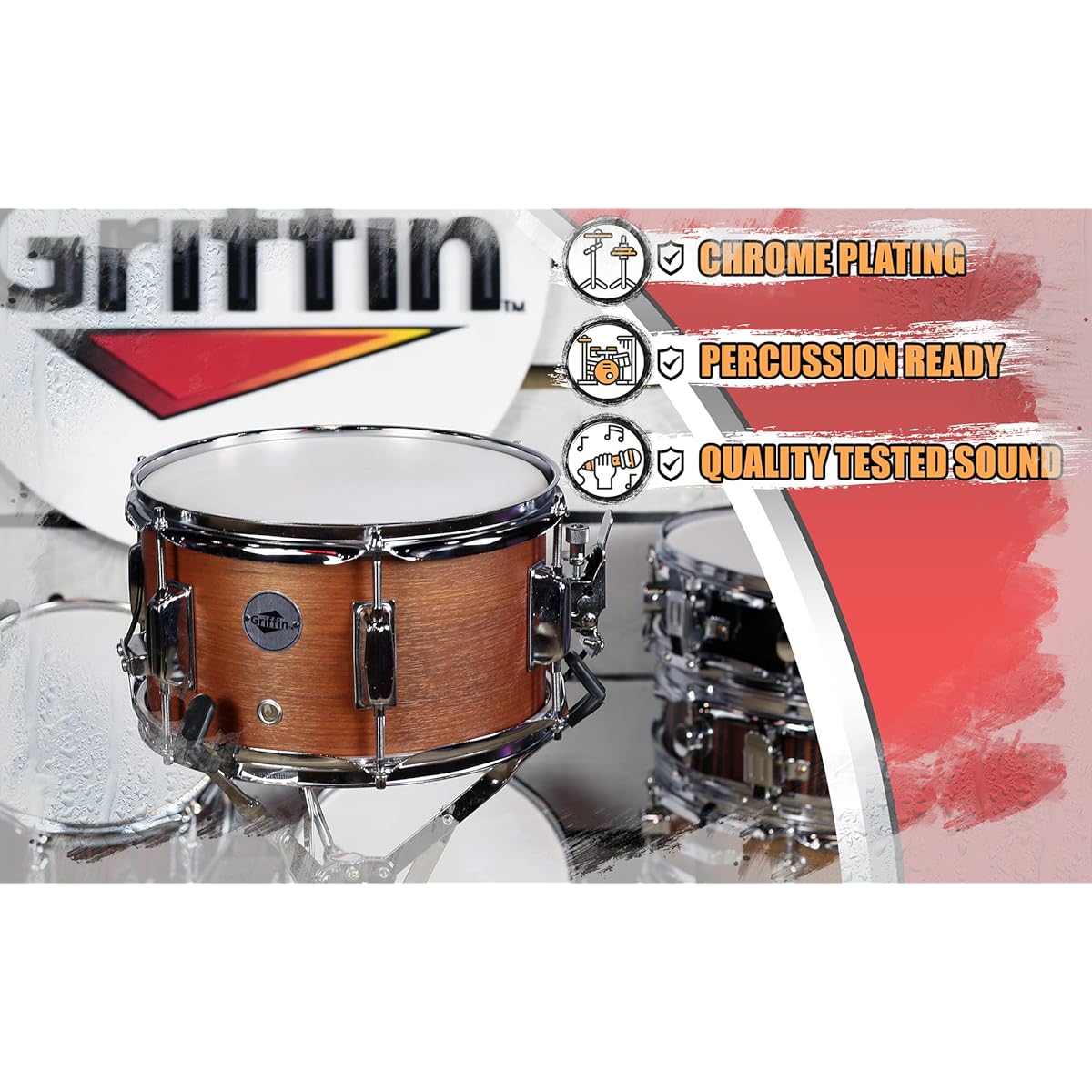 GRIFFIN Popcorn Snare Drum | Soprano Firecracker 10" x 6" Poplar Wood Shell Hickory PVC | Concert Percussion Instrument Drummer Kit Key & Deluxe Snare Strainer Throw Offset