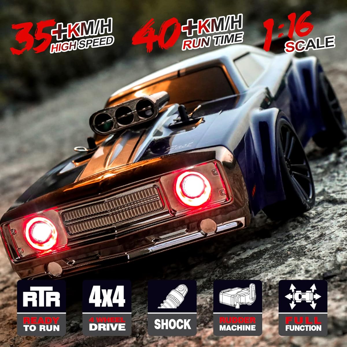 Desdoni RC Drift Car Remote Control Car 1/16 Scale 38KM/H High Speed 4WD RC Car 2.4Ghz Steering Control Full Scale with LED Light 2 Rechargeable Batteries Racing Gift for Kids and Adults