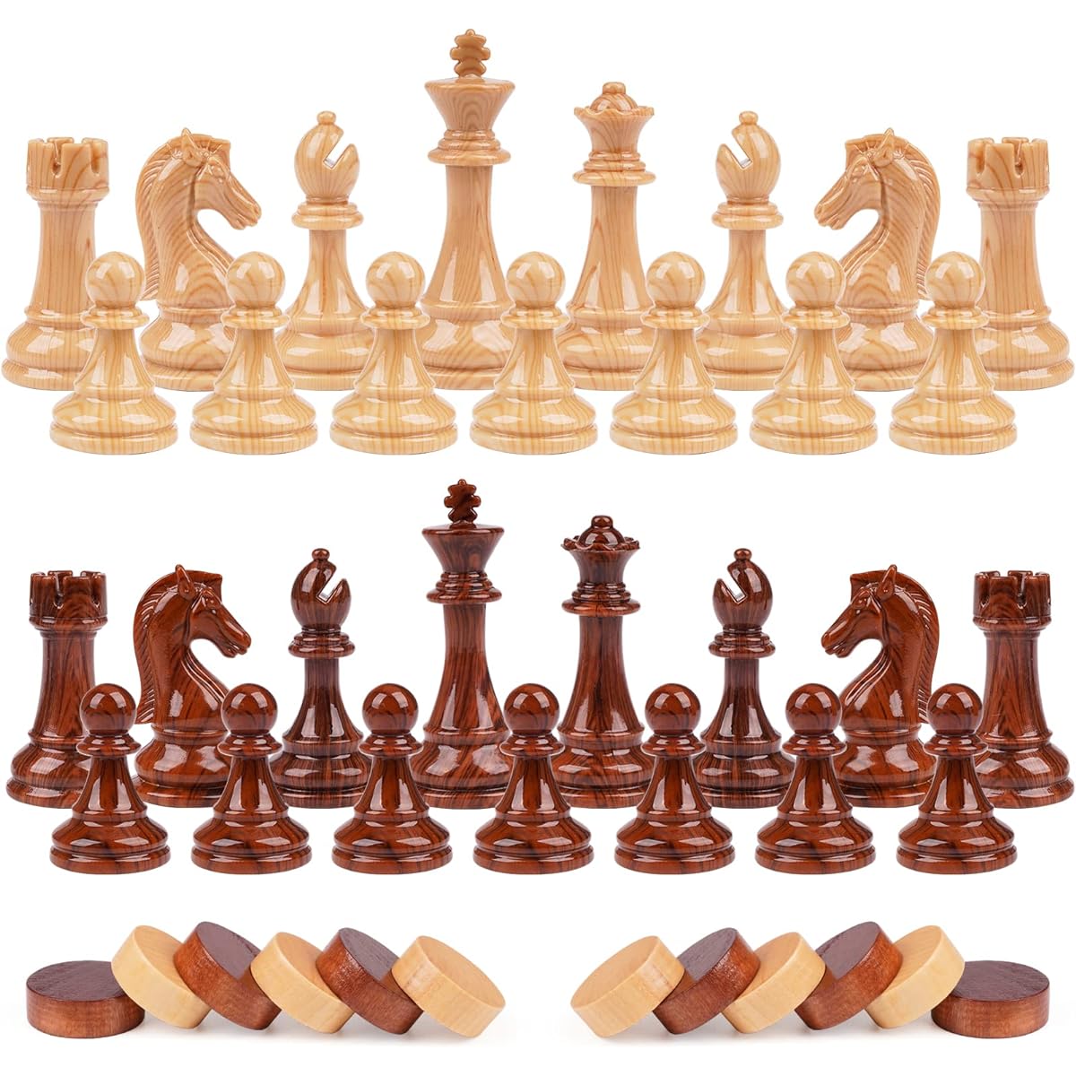 2-in-1 Chess and Checkers Game Set - Portable Chess Set for Adults & Kids with 24 Checkers, Chess Pieces, Folding Chess Board Set, 2 Extra Queens, Storage Box - Durable Wooden Chess Set