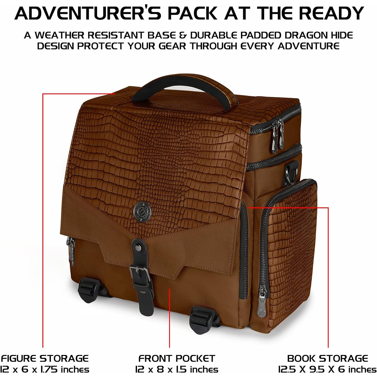 ENHANCE Collector's Edition RPG Adventure DnD Bag - Dragon Hide Exterior Travel RPG Bag, Tabletop Miniature Storage Vault, Mat Holder with DnD Dice & Token Pockets, Fits 4-8 Books (Dragon Brown)