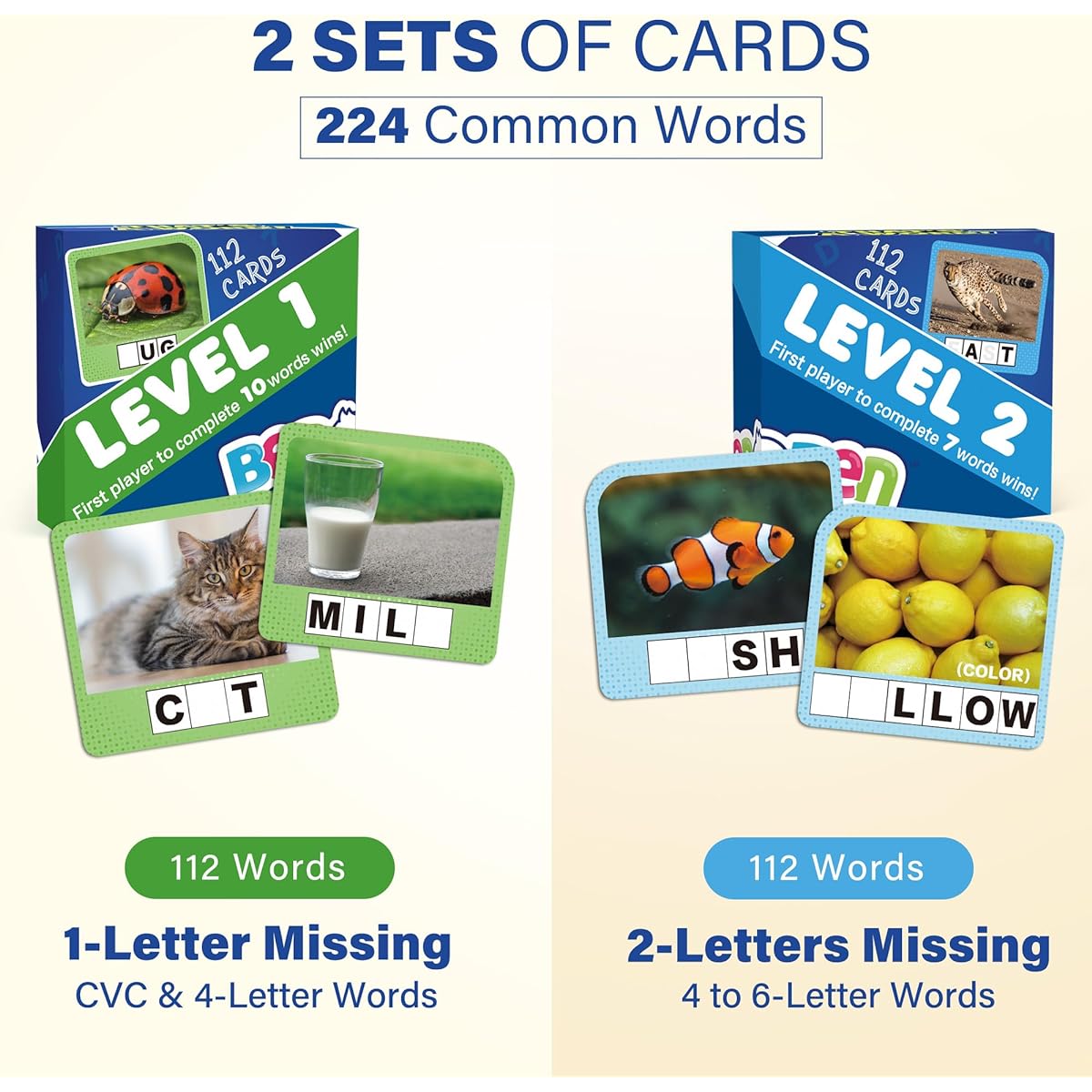 BenBen Spelling Game, Sight Word Game with 224 Flash Cards, Learning Game for 2-6 Players, Educational Phonic Games for Kindergarten, 1st Grade, 2nd Grade, 3rd Grade, Preschool Classroom Essentials