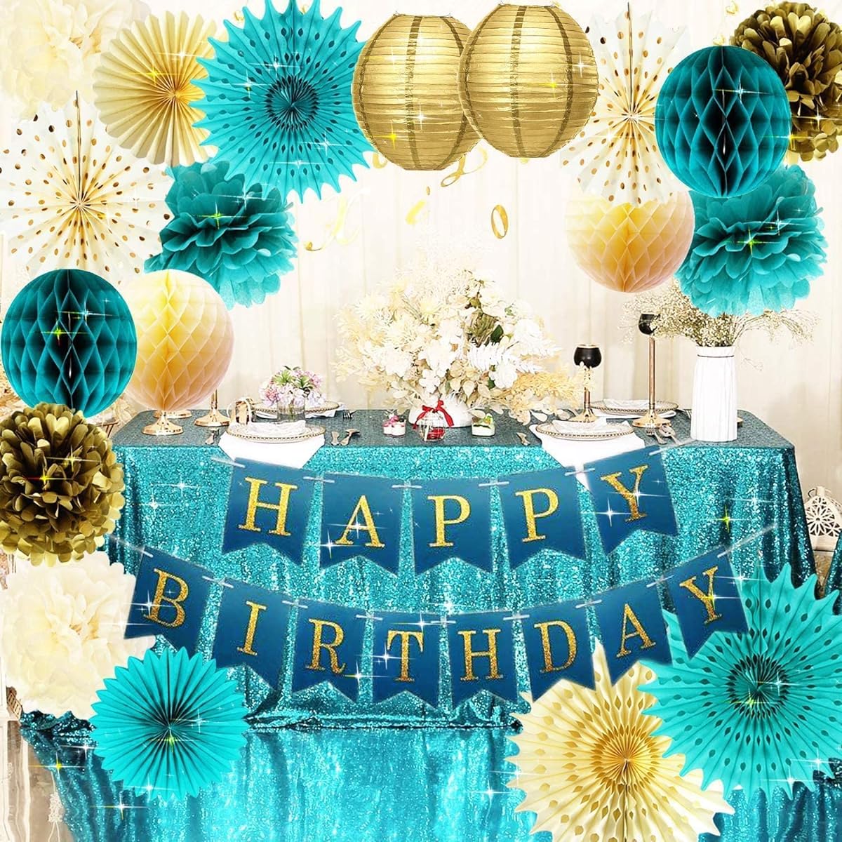 Birthday Decorations for Women Teal Gold/Gold Polka Dot Paper Fans Teal Gold Happy Birthday Banner Turquoise Gold Women 30th/40th/50th/60th/80th Birthday Party Decorations