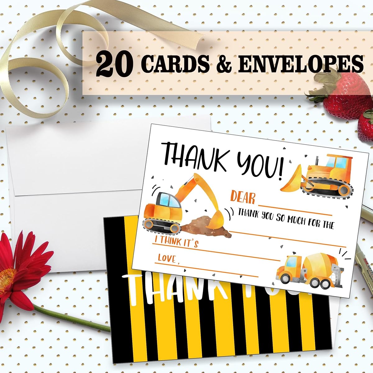 Birthday Thank You Card, Fill in the Blank Thank You Card, Construction Theme Birthday Party Supplies, Decorations, 20 Cards, 20 Envelopes (SRGXK002)
