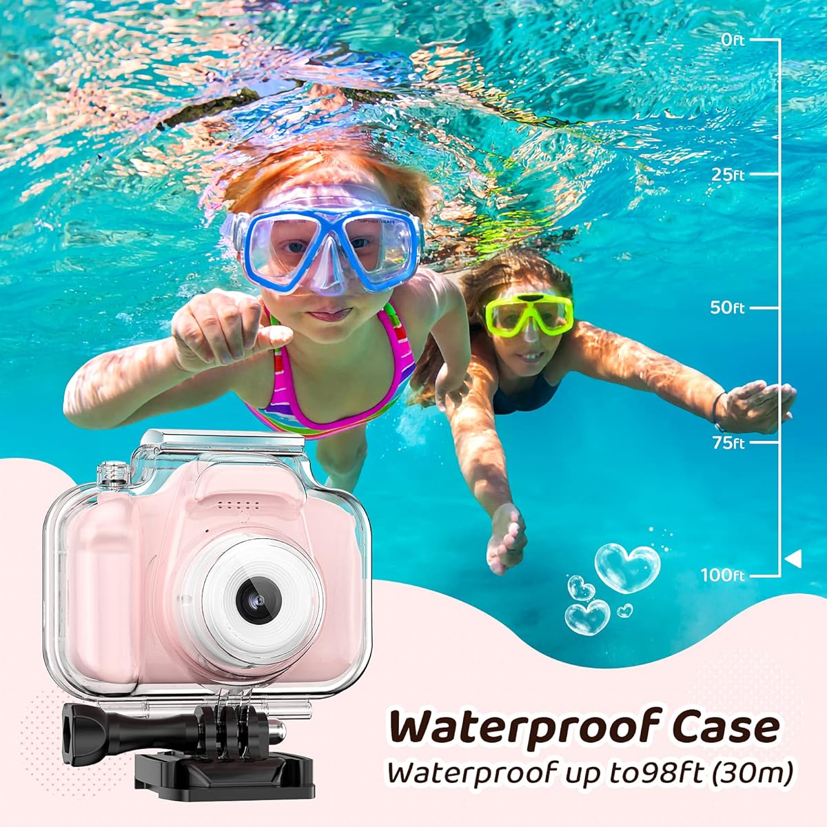 Waterproof Camera Toy for Kids, 3-12 Birthday, Kids Underwater Sports Video Camera HD, Digital Action Camera for Toddlers, 2" Screen, 32GB Card Included