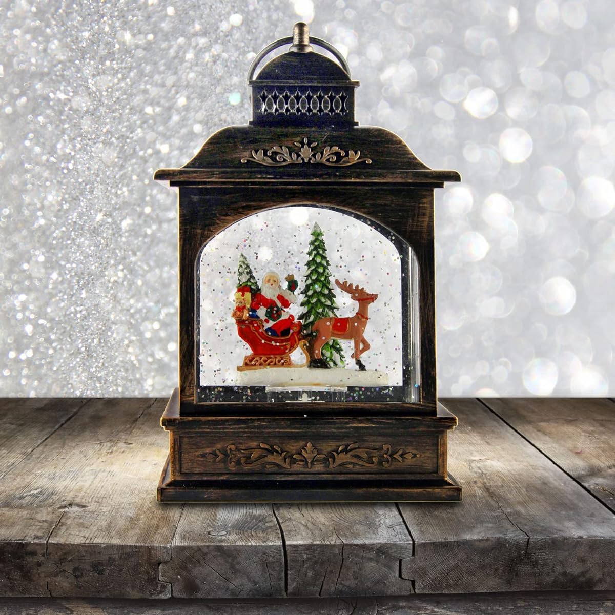 San Francisco Music Box Company Sleigh Santa and Reindeer Musical Water Globe Lantern