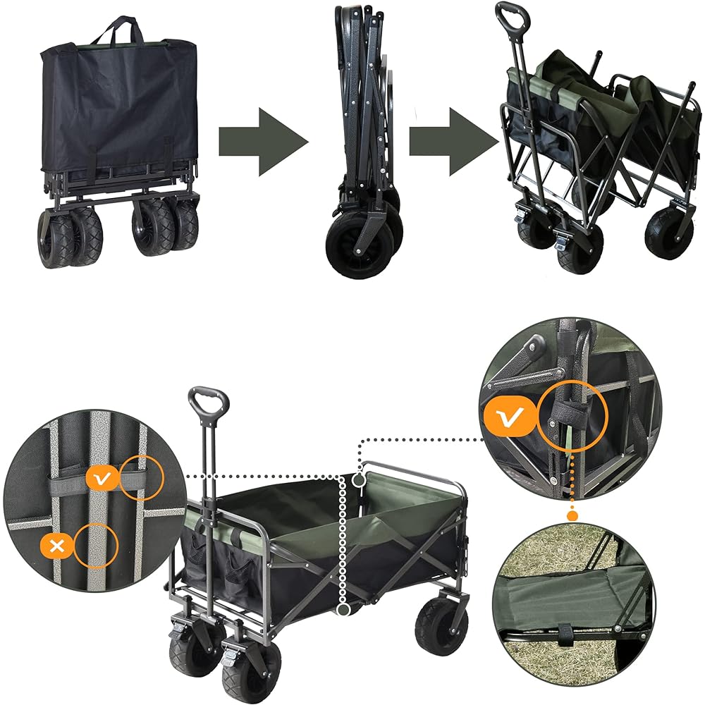 NEKOU Carry Wagon Outdoor Wagon Compatible with Long Items Camping Cart 120L Load Capacity 120kg Large Capacity Camping Trolley Folding Large Tire Outdoor Carry Camping Wagon Lightweight Compact Storage Black Green