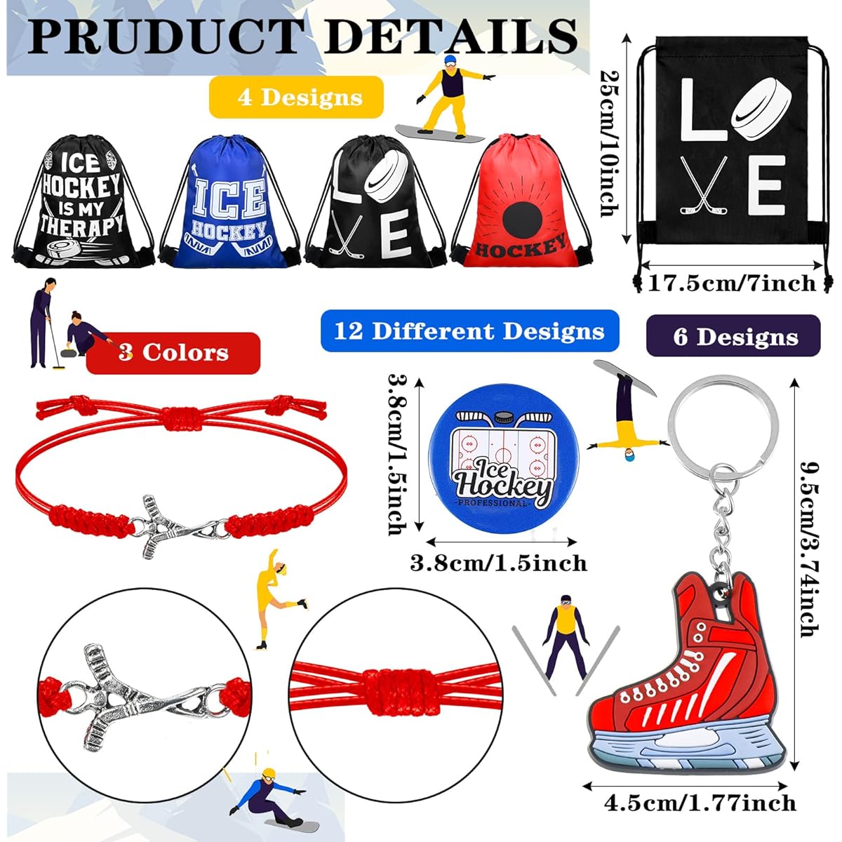48pcs Hockey Party Favors, Hockey Holders, Hockey Drawstring Bags, Hockey Charms, Bracelets, Button Badges, Field Hockey Bags, Button Pins, Field Hockey Gifts, Hockey Jewelry for Sports Party Decorations